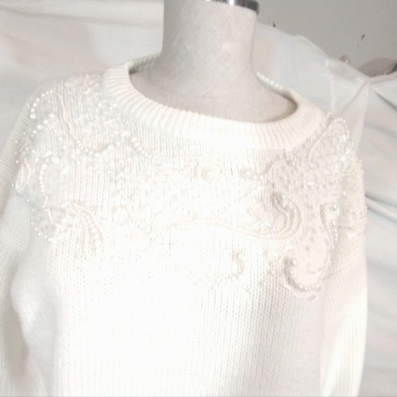 Vintage beaded sweater, Vintage, Crew Neck White,  Knit, Women, Pearls, XL - Picture 2 of 16